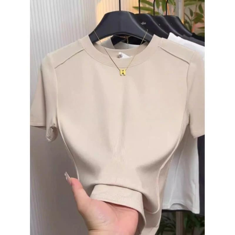 欧洲站正肩短袖T恤女2025夏季新款洋气修身鱼骨体恤显瘦圆领上衣