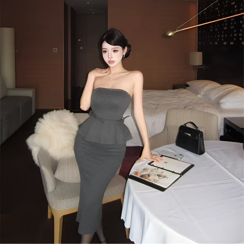 高智女友性感御姐掐腰抹胸上衣修身开衩半裙两件套套装