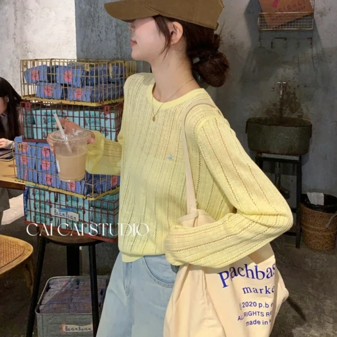 潮流设计感后背单排扣镂空薄款长袖针织衫女春夏新款百搭气质时尚