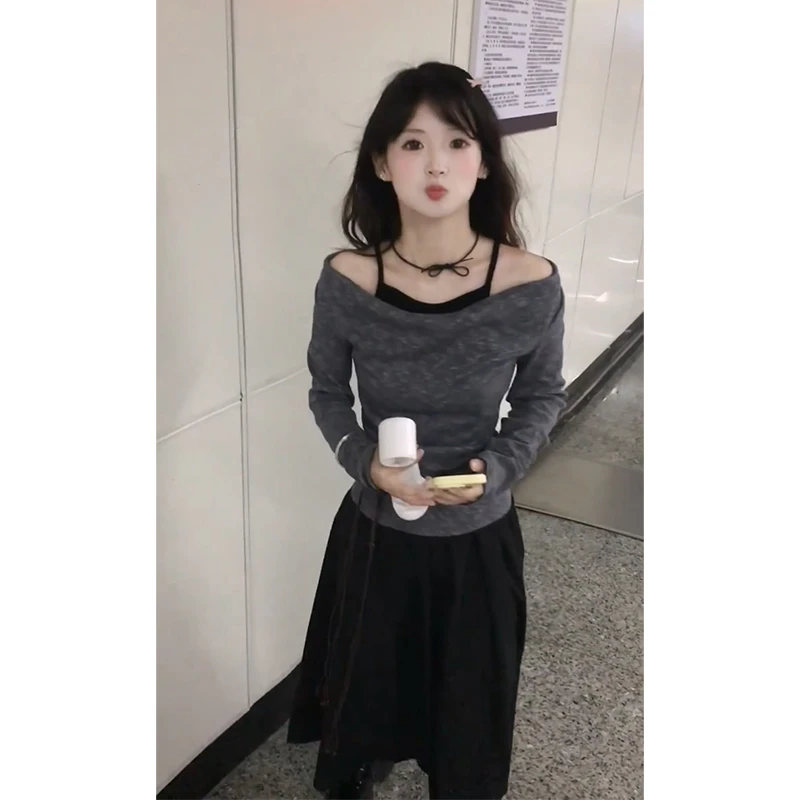 2025秋季新款韩系穿搭修身假两件吊带上衣气质高腰百搭显瘦半身裙