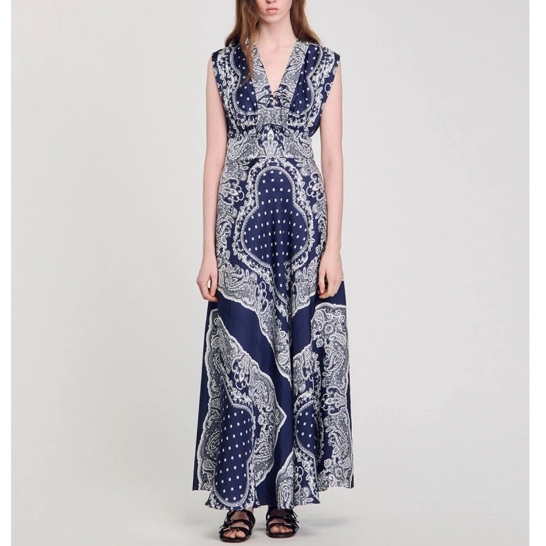 ES.南油原创法式V字领长裙优雅气质无袖连衣裙高腰气质自然青花瓷