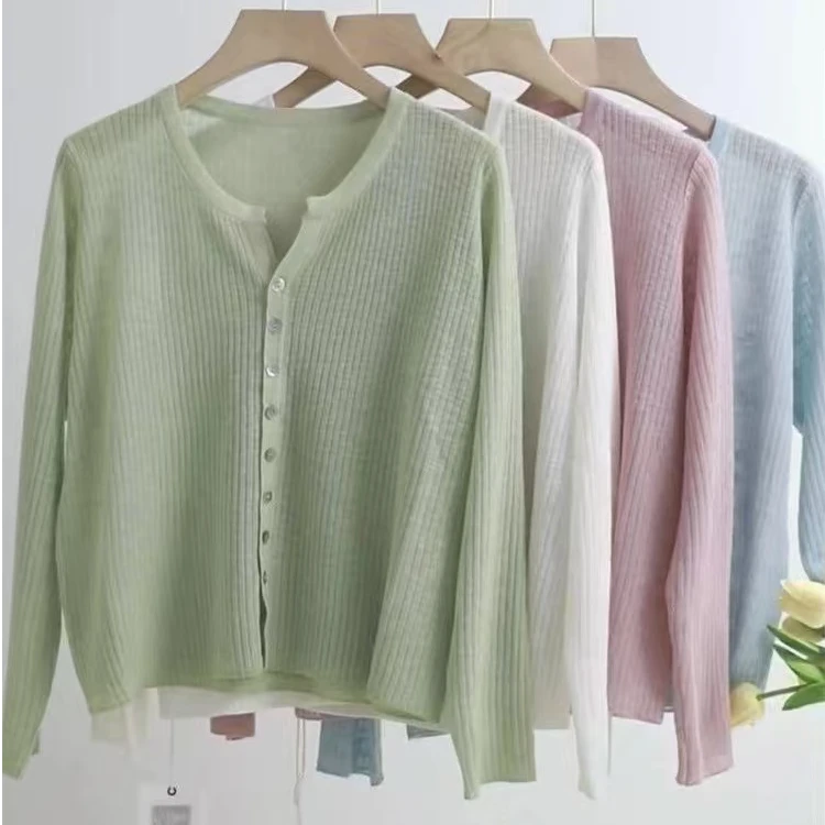 长袖针织开衫女V领冰丝针织开衫薄款上衣披肩防晒罩衫小外套短款