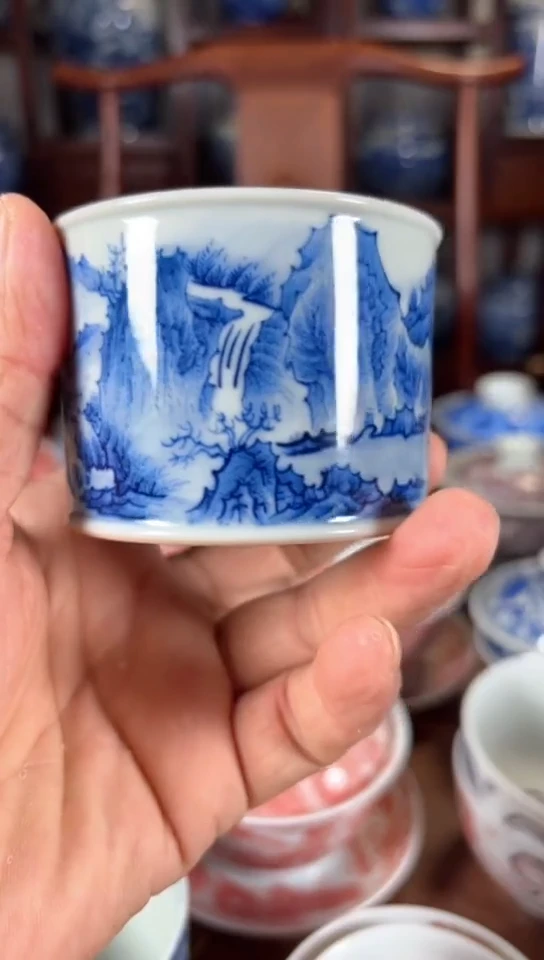 柴窑青花山水纹杯杯