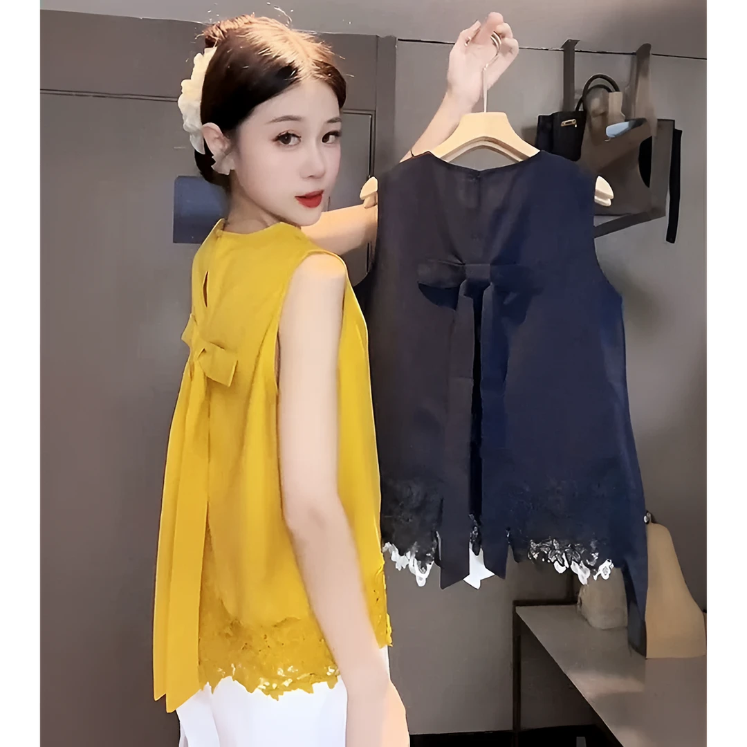 背后蝴蝶结夏季新款减龄蕾丝拼接无袖背心女遮肚显瘦百搭上衣薄款
