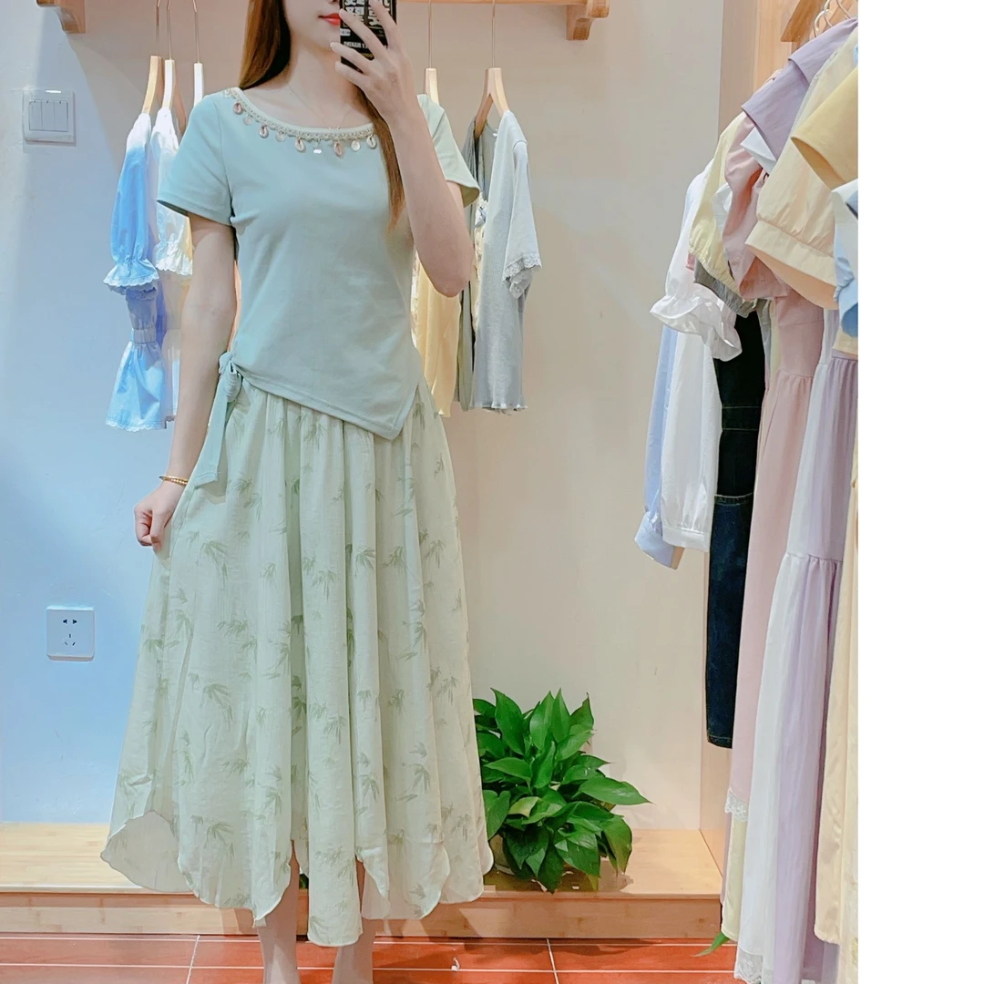 来米家 夏季减龄甜美短袖不规则绑带上衣＋半身裙两件套套装