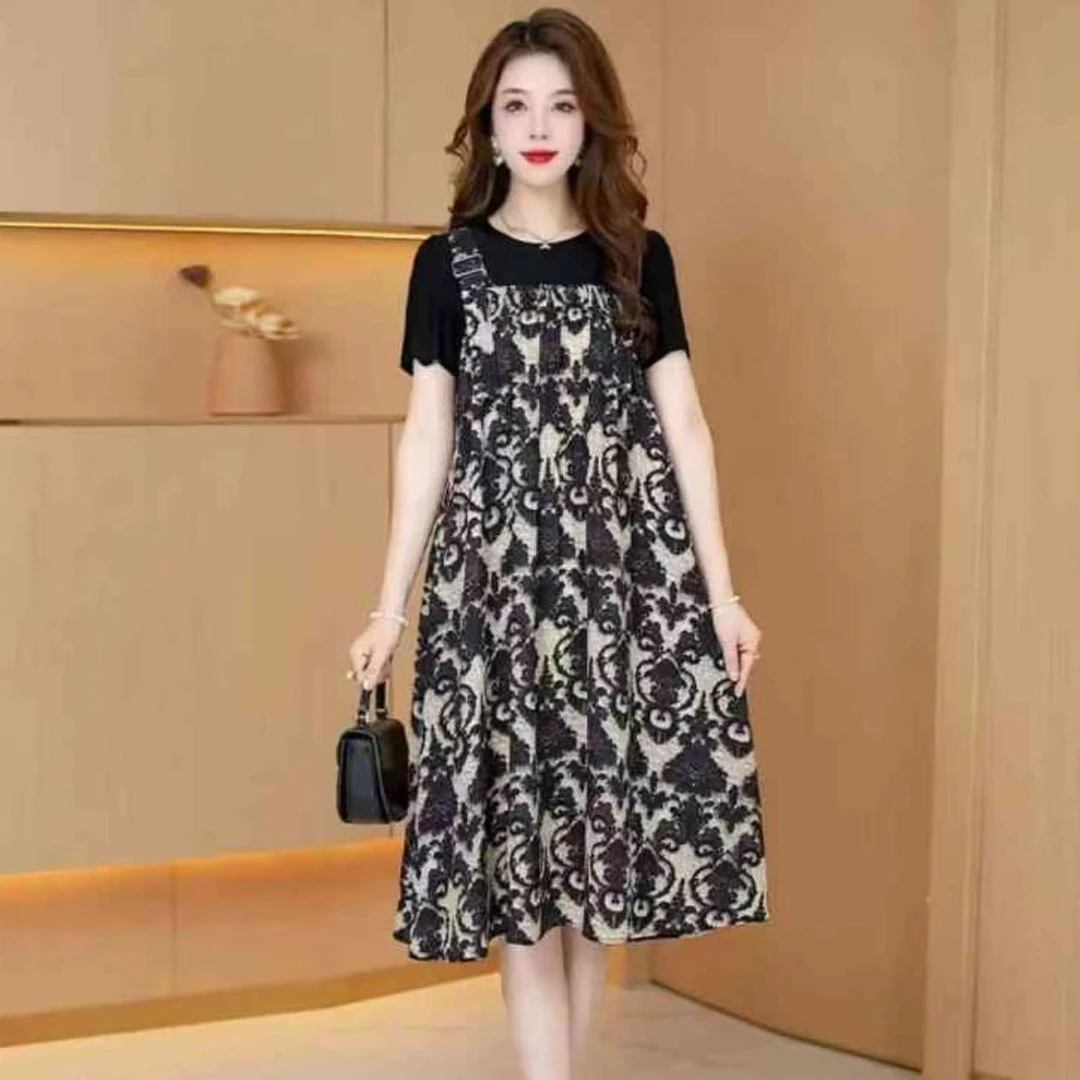 8674-时尚印花短袖假两件女休闲百搭气质减龄裙子夏装潮【老余】