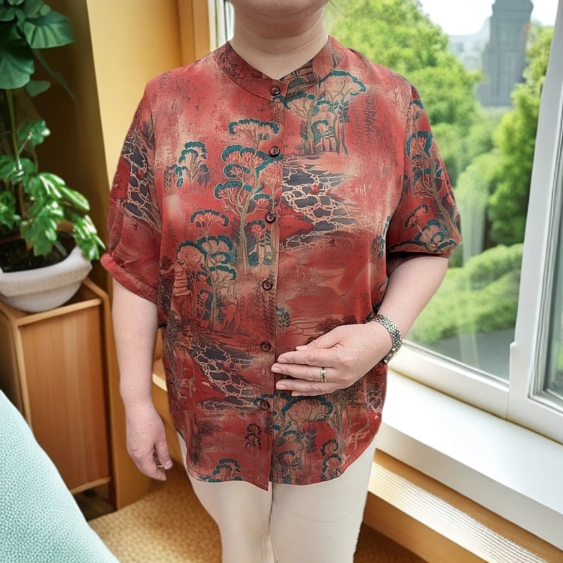 夏季洋气中老年妈妈七分袖气质显瘦休闲百搭宽松丝缎面上衣