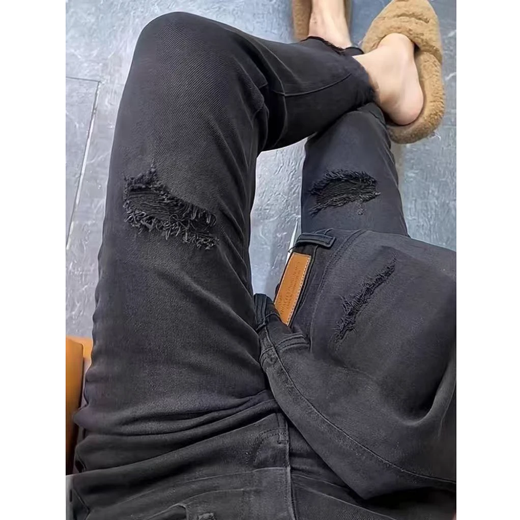 50033（丹姐家）黑灰色假破洞牛仔裤九分大码显瘦弹力烟管裤子