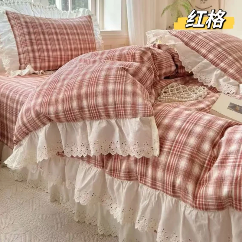 【超级红】红格 色织床单三件套
