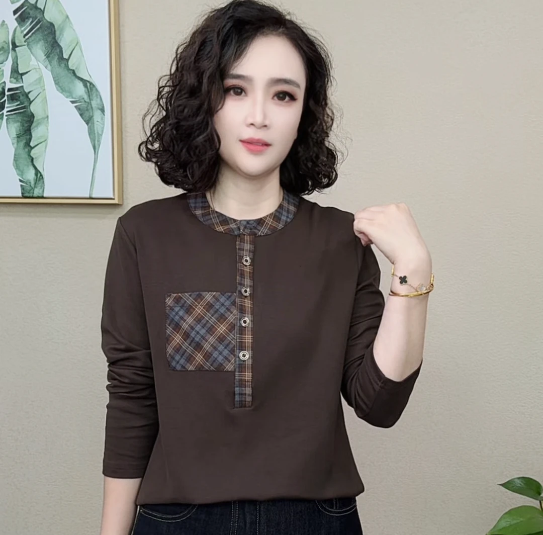 2025秋季新款极简风洋气时尚百搭气质长袖拼色格子上衣#894375