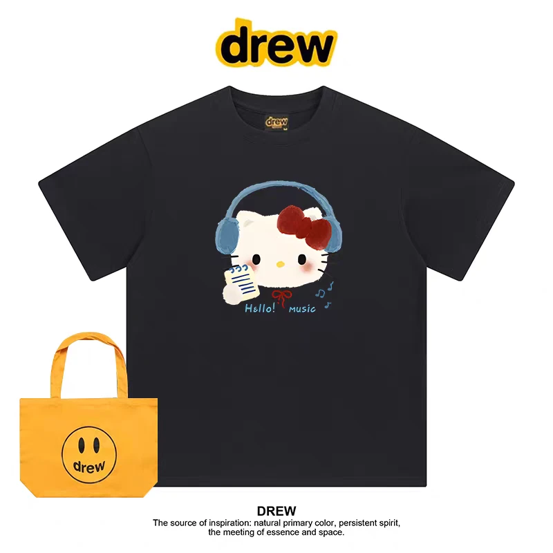 Drew美式复古哈喽琪琪印花情侣纯棉短袖T恤男女休闲宽松半袖ins夏