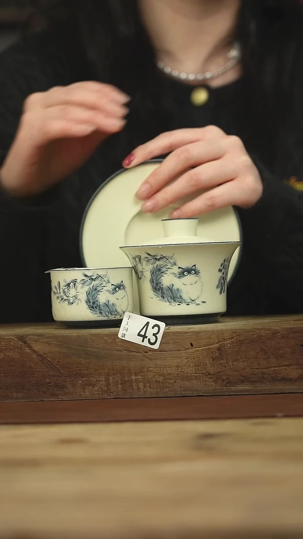 设计师手作款 青花猫猫盖碗+杯