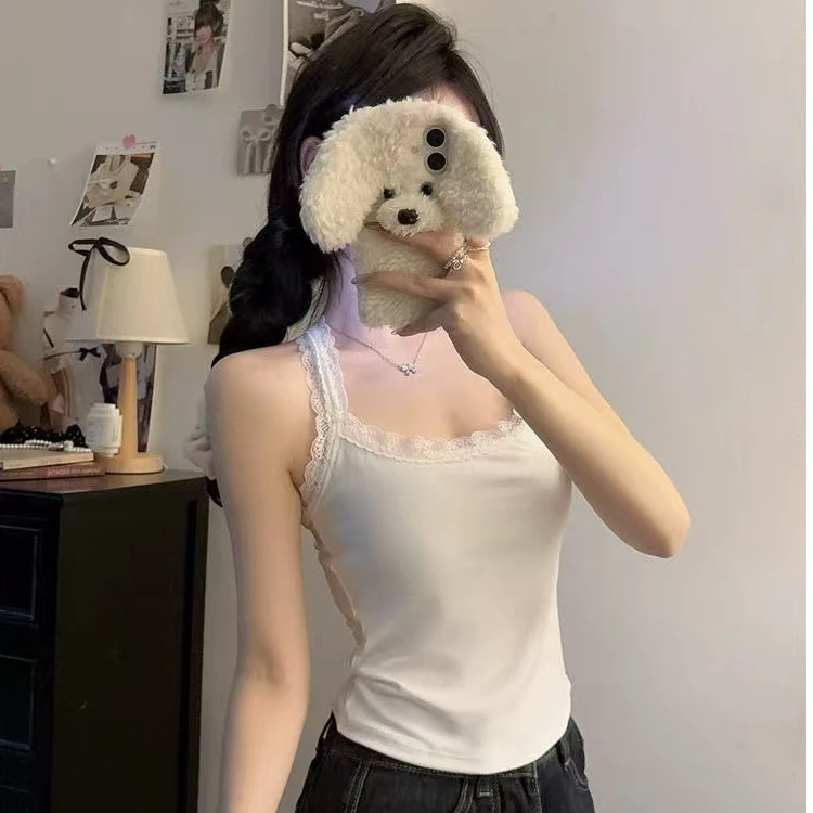 辣妹多巴胺蕾丝边带胸垫背心女新款纯欲风美背工字吊带夏季外穿