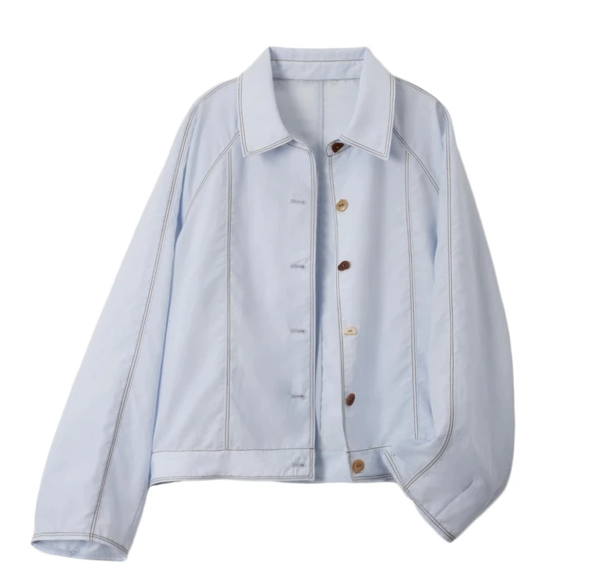 2025夏季新款翻领彩扣明线衬衫外套小个子高级感单层时尚气质外套