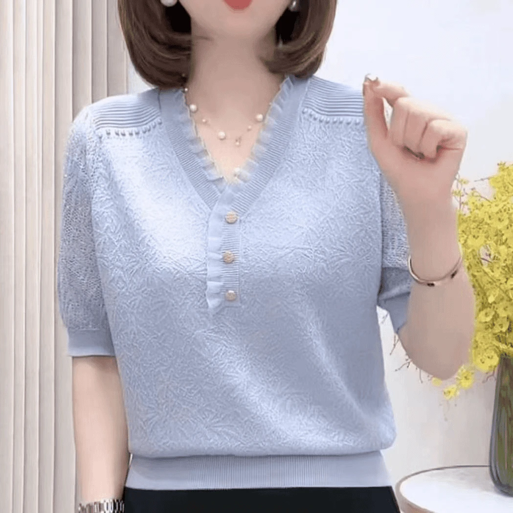 2025夏季新款针织衫女款短袖T恤女时尚百搭薄v领洋气宽松减龄上衣