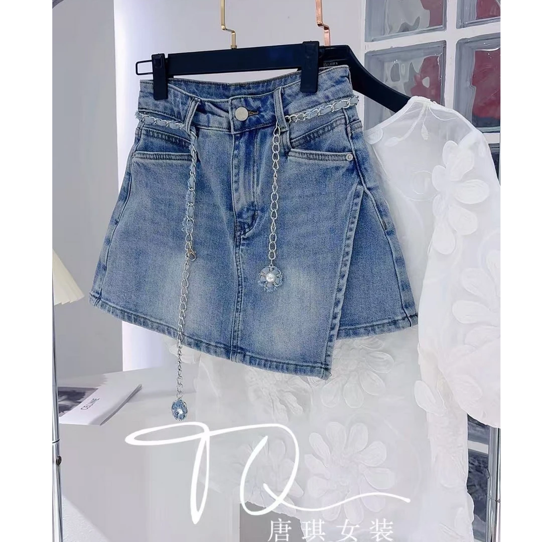 唐琪女装【时髦精-6297】夏季高腰蓝色链条裙裤