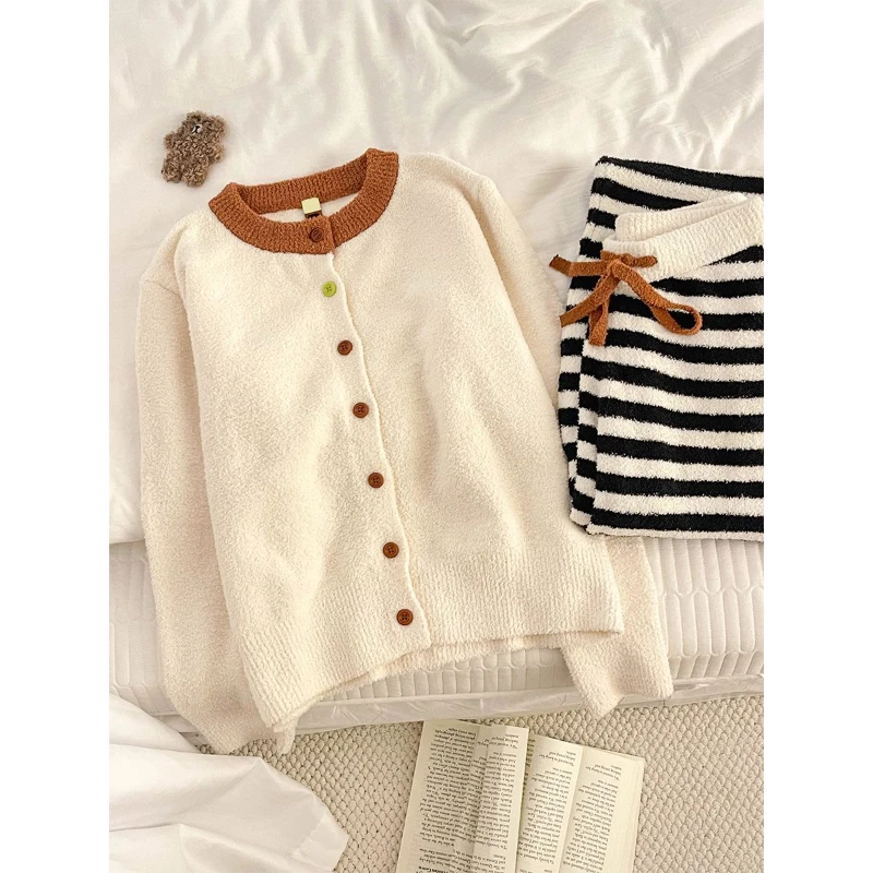 韩版高级感针织开衫半边绒睡衣女2025冬季加厚加绒保暖家居服套装