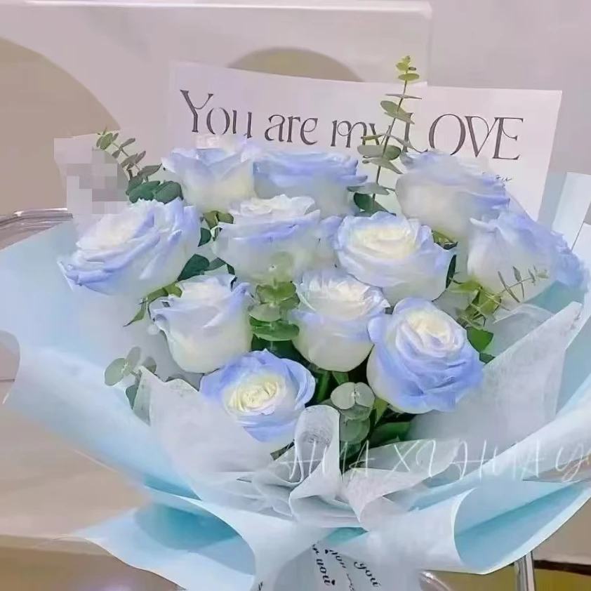 11支白玫瑰喷色碎冰蓝花束公主请收花送男友鲜花