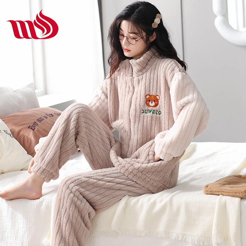 MULONGNOBLES/睦隆世家冬季女加绒冬天睡衣家居服套装保暖秋冬季