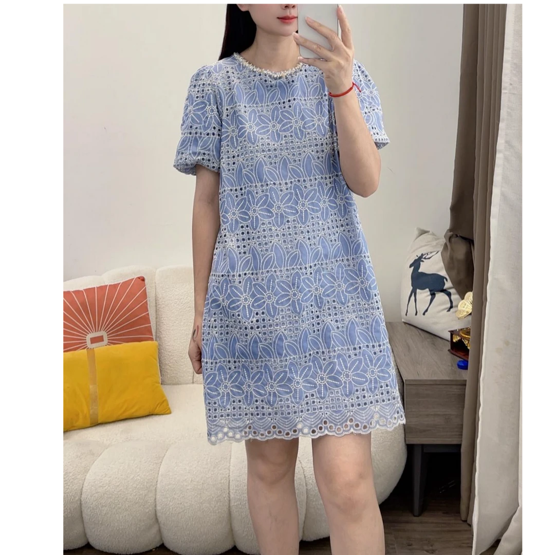 2025夏季女装优雅重工镂空刺绣棉宽松直筒遮肉显瘦连衣裙DYY2910