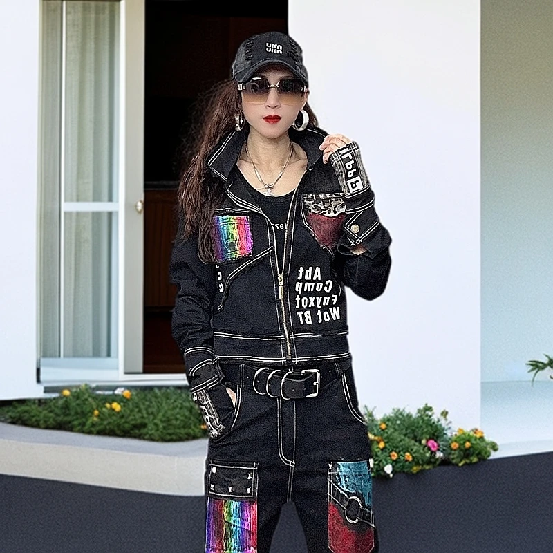 欧洲站2025春季潮牌洋气修身时尚黑色牛仔长袖百搭外套网红款女装