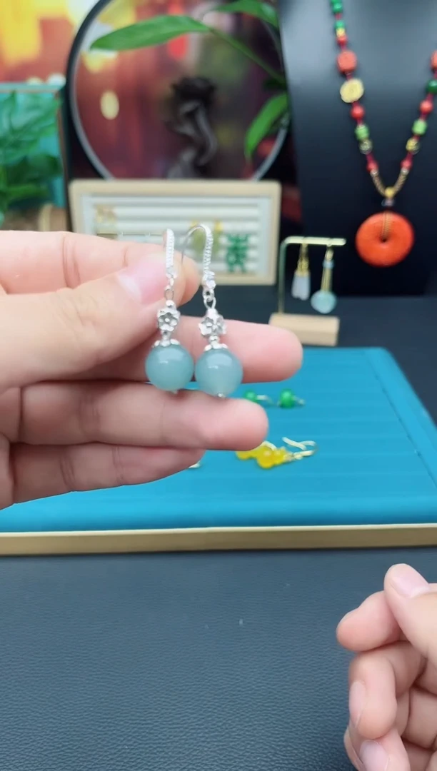 石英质玉（天山翠）银S925镶嵌耳饰c62000