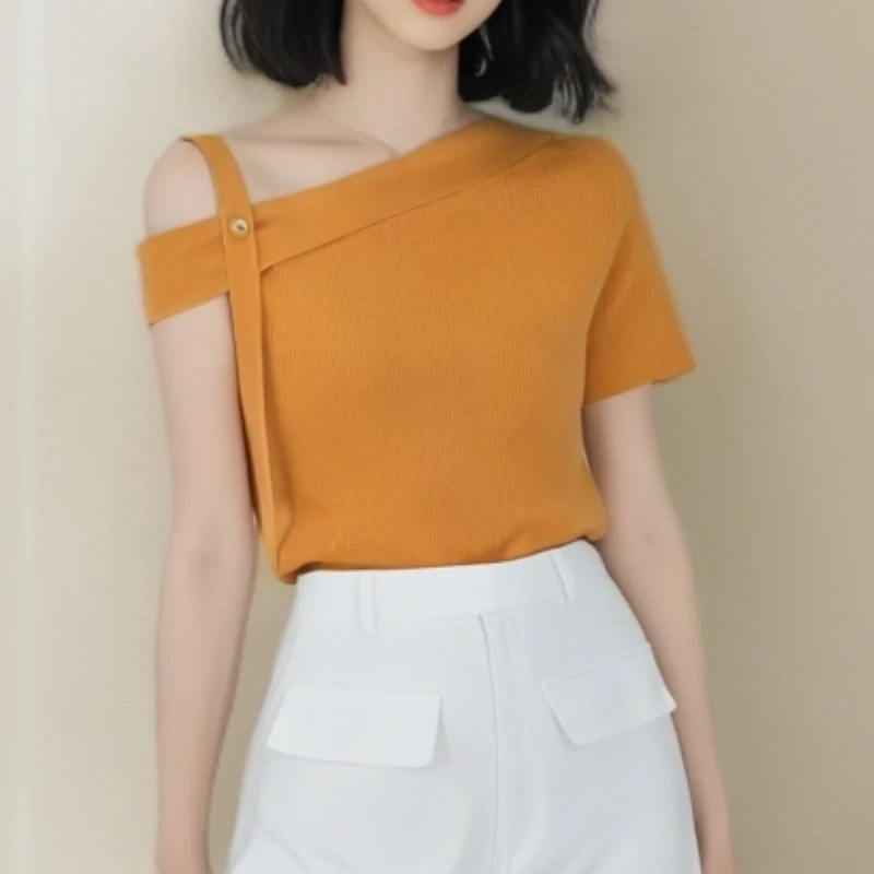 夏季新款一字领女高腰气质休闲针织短袖上衣LK2504742