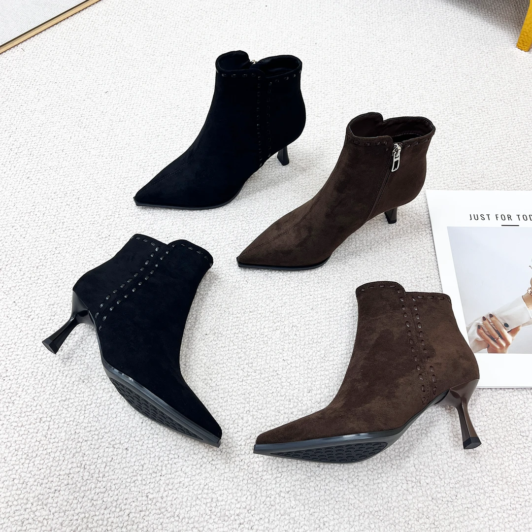 6cm 时尚高跟短靴女士秋冬季磨砂时装靴琥珀流光风裸靴百搭马丁靴