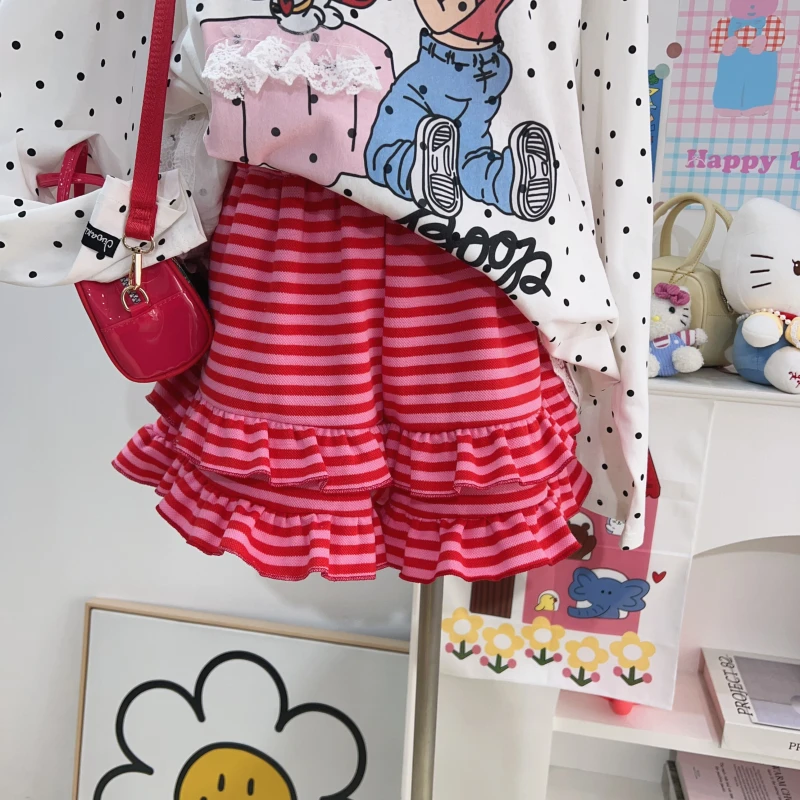 【钱呼呼】清版~新款条纹松紧腰花边a字版型短裤减龄可爱 女