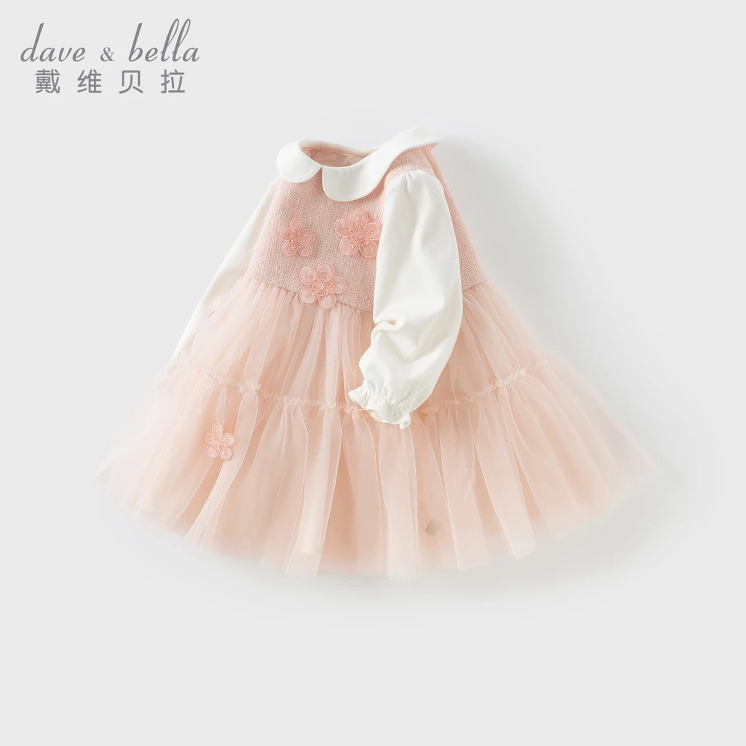 戴维贝拉儿童长袖连衣裙春秋装女宝宝网纱裙公主裙子DB1250318