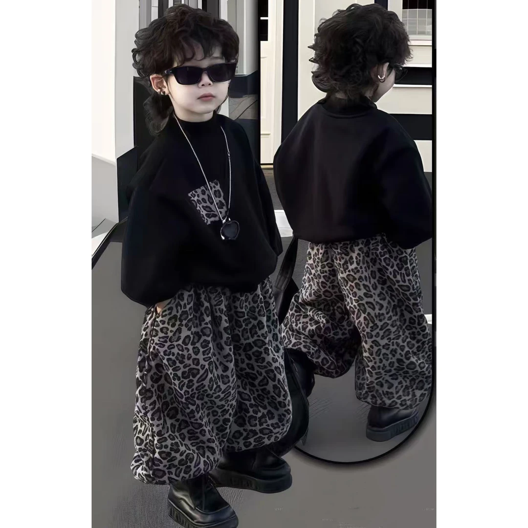 男女宝秋季新款亲子套装豹纹卫衣灯笼裤两件套装韩版百搭时尚洋气