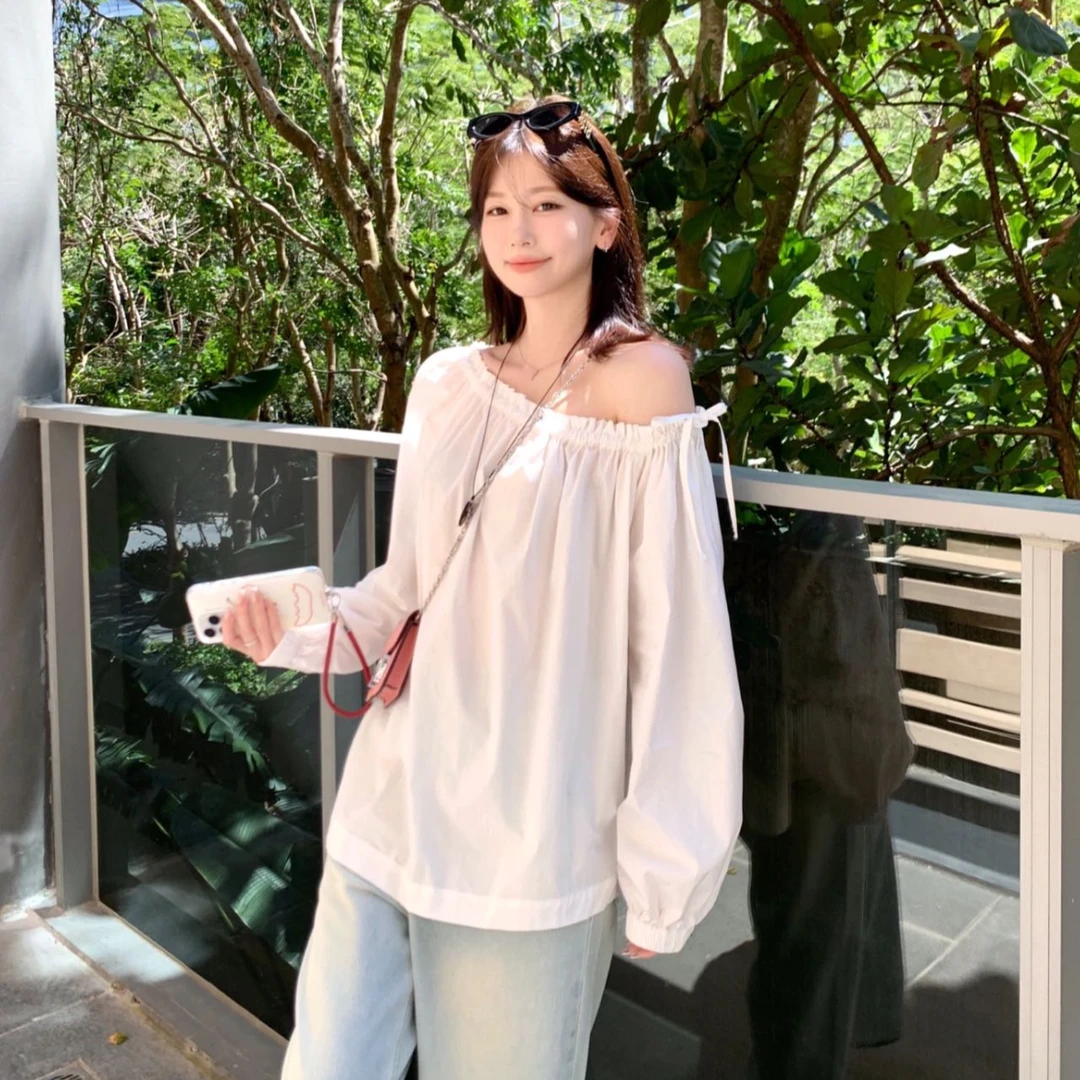 韩国chic春季小众设计感不规则斜领露肩宽松百搭系带长袖衬衫女