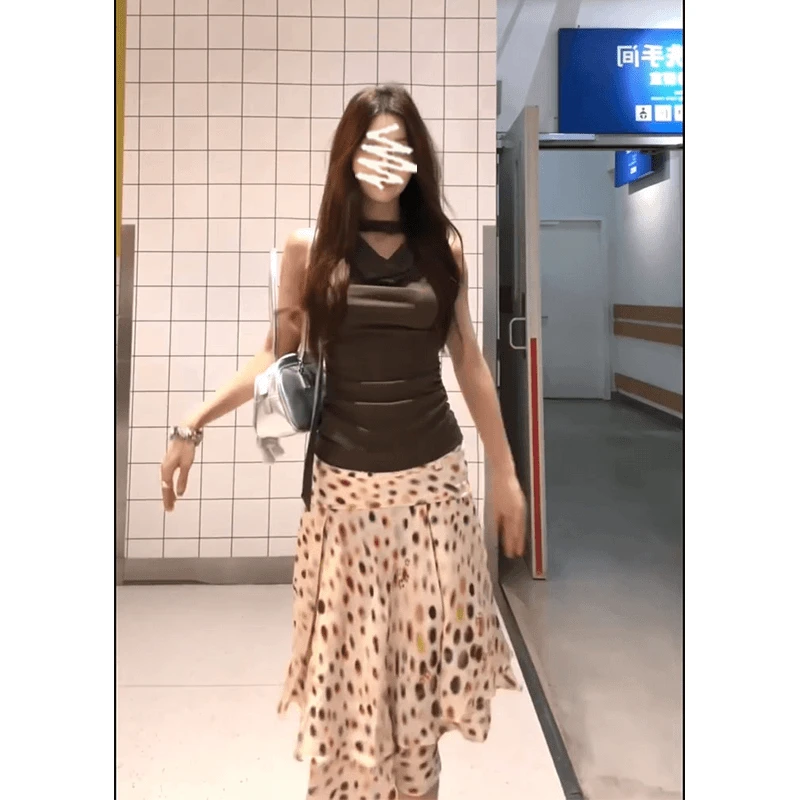 纯欲辣妹风荡领飘带背心女夏季+设计感迷幻波点双层斜裁A字半身裙