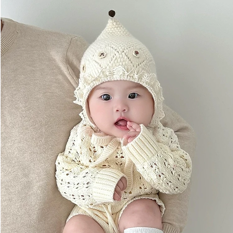 女宝韩版甜美尖尖顶公主风秋冬针织帽子可爱婴儿花边护耳精灵帽潮