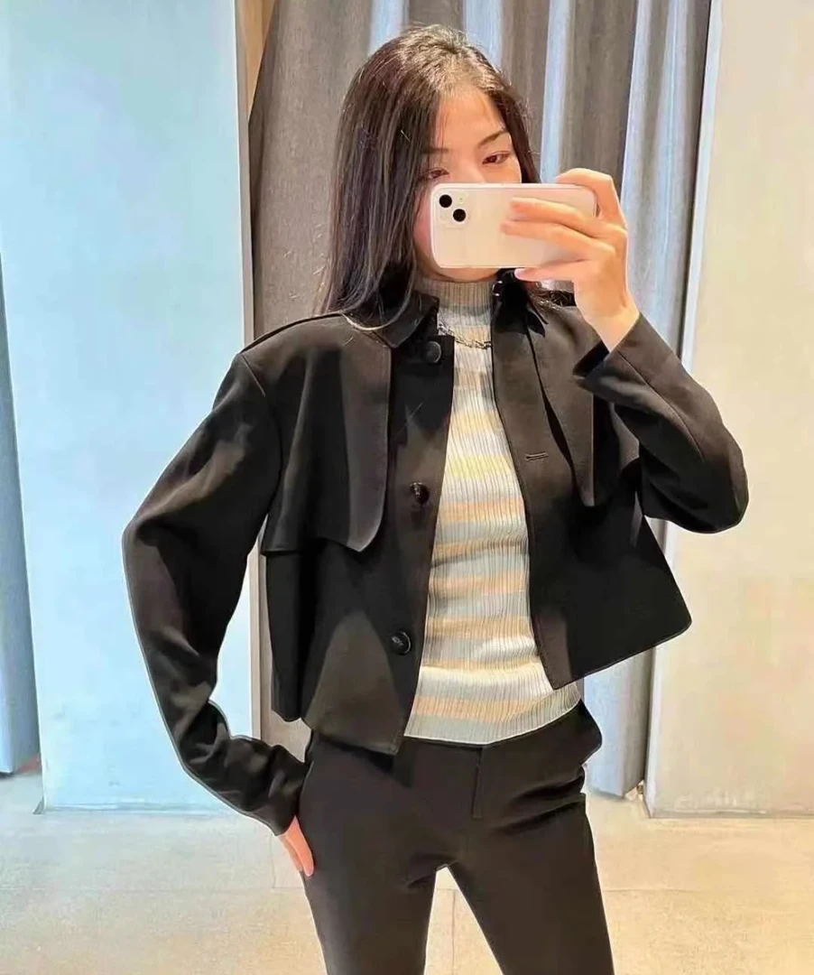 女士外贸黑色简约随性风三醋酸混纺单排扣翻领经典款风衣外套