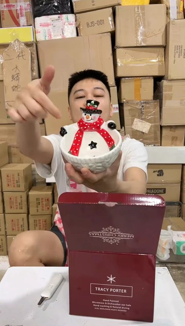 瓷片原盒雪人碗 陶瓷