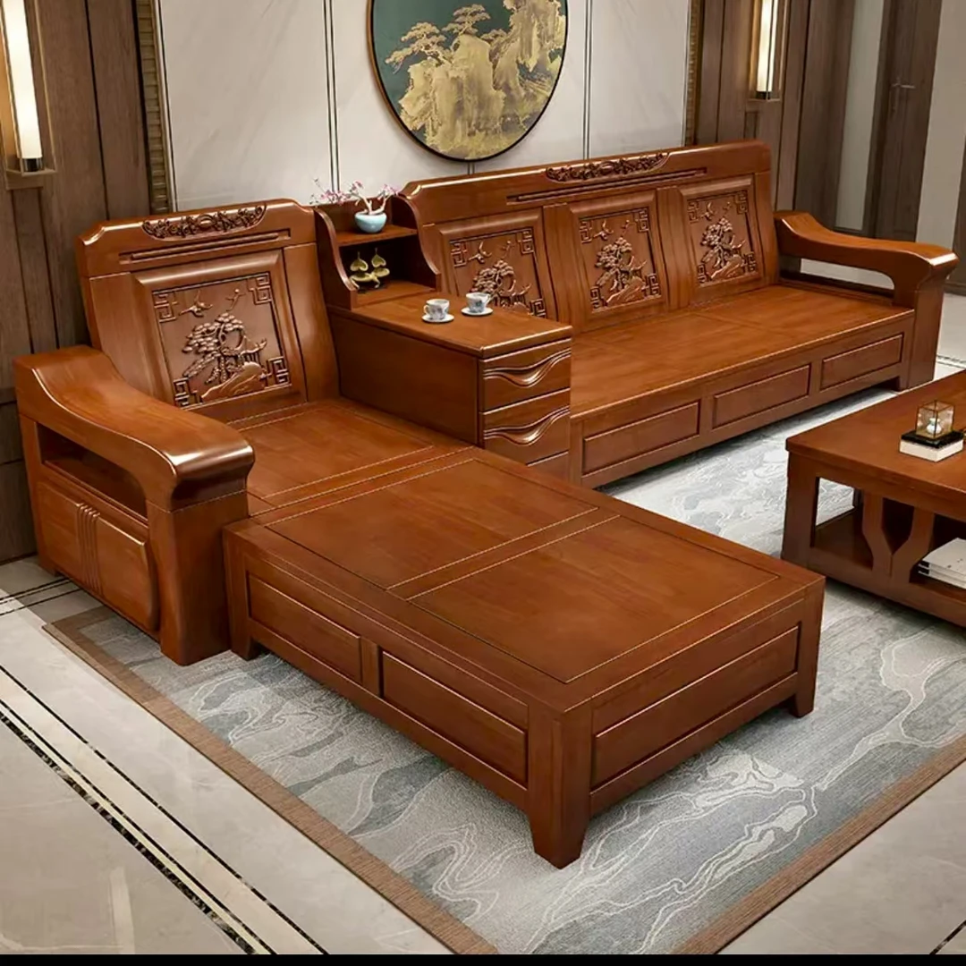 中式实木沙发胡桃木现代简约小户型雕花胡桃木质沙发厂家直销