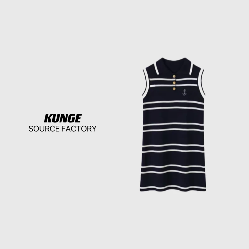 条纹翻领针织气质时尚休闲女士连衣裙-0098