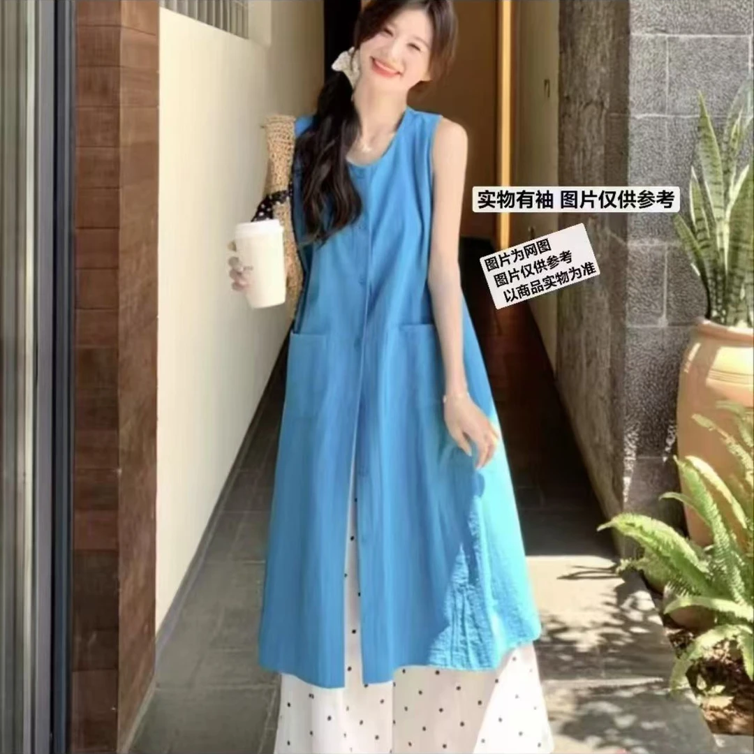 韩系慵懒风气质无袖背心裙2025年夏季高级感时尚中长款衬衫连衣裙