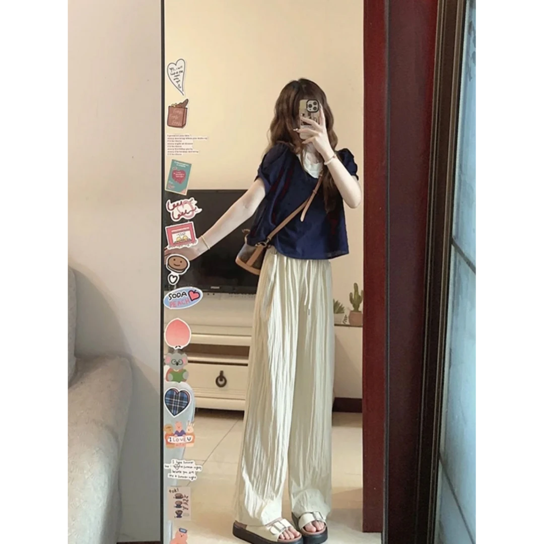 2025新款时尚气质花边刺绣藏青色上衣小衫蕾丝休闲拼接松紧腰花边