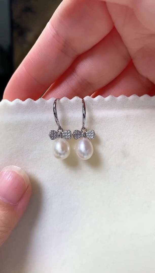 银S925镶嵌耳饰淡水珍珠米型珠