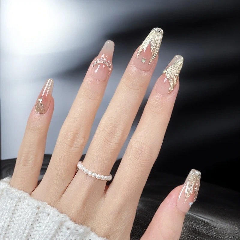 金色长款甲片专用贴片中梯甲型美甲逼真专用贴片美甲片穿戴式短款