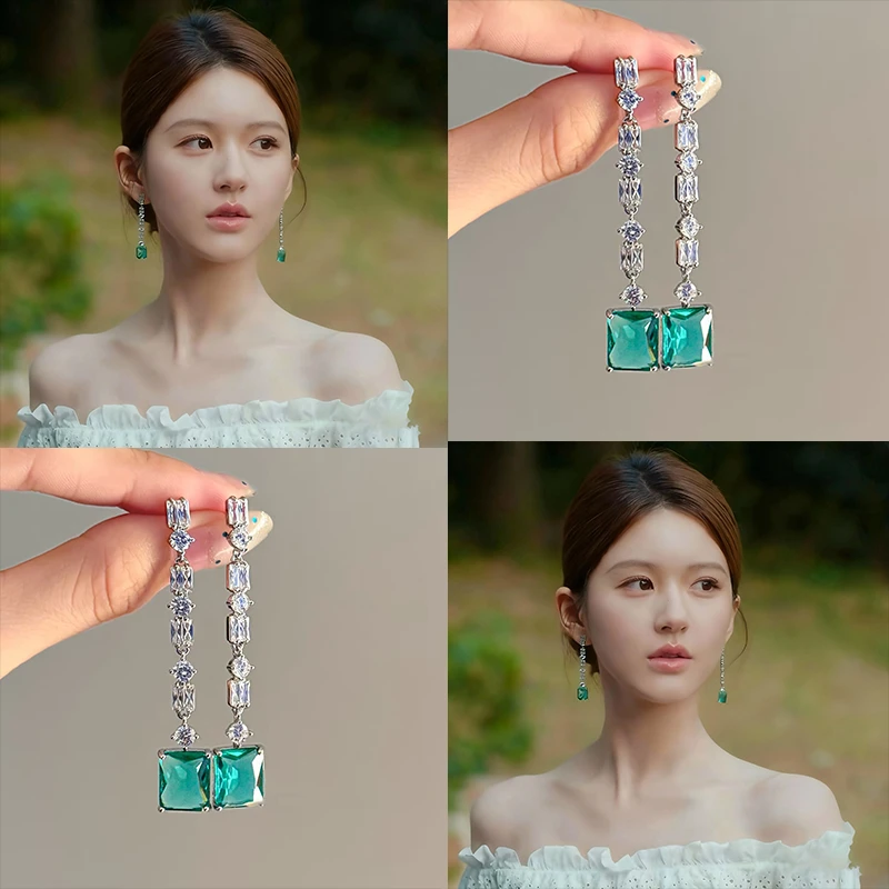 925银耳饰 许妍同款轻奢锆石长款耳坠超闪s925银针几何流苏耳环