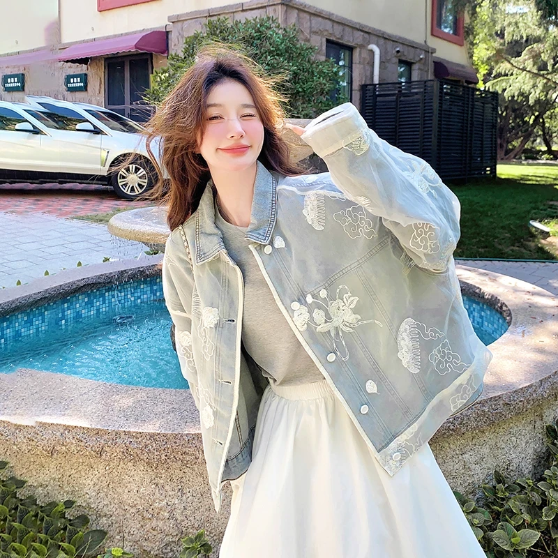韩系穿搭超好看小个子上衣女2025春季新款设计感蕾丝刺绣牛仔外套