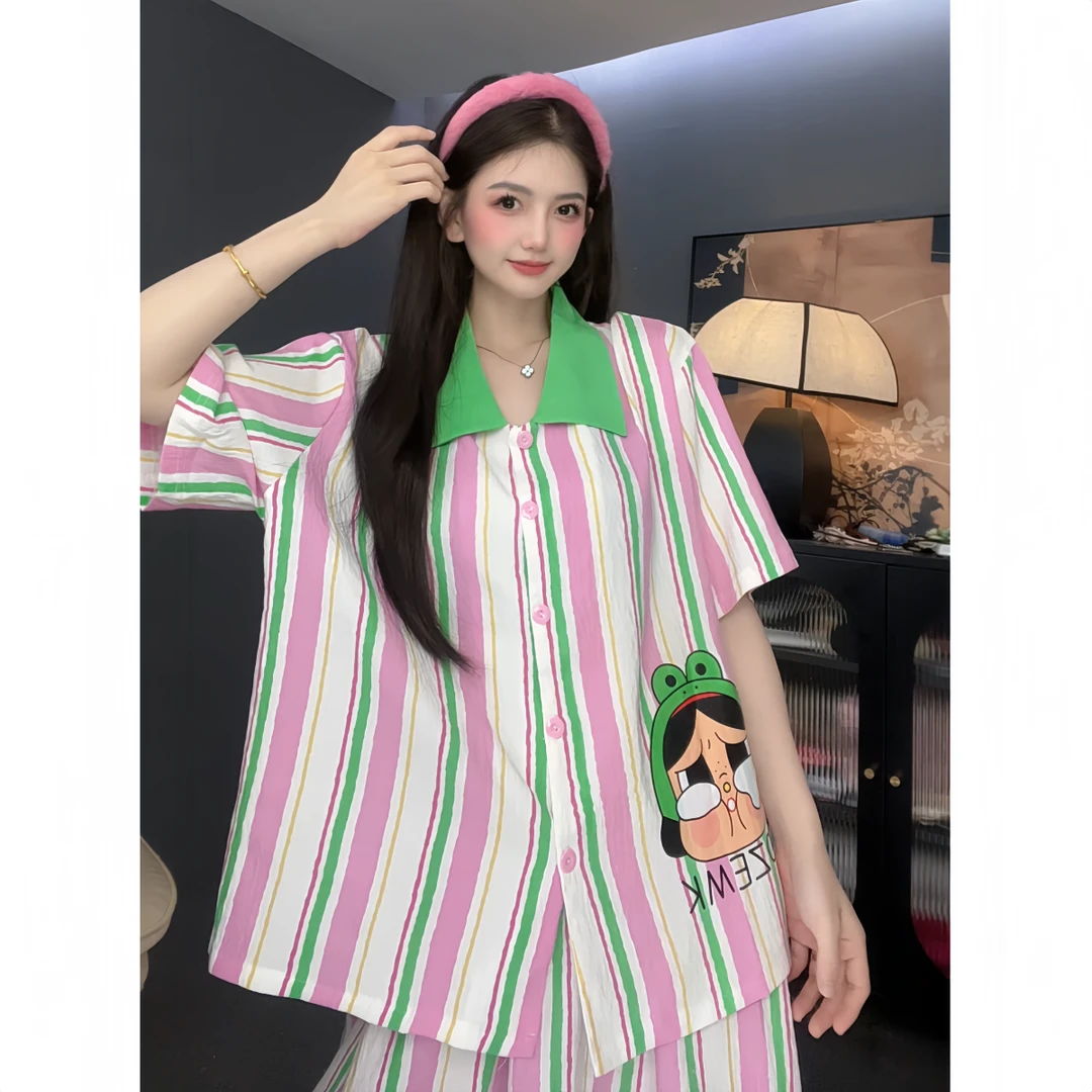 【夏日多巴胺】卡通云朵棉宽松版短袖睡衣小翻领夏薄款家居服女款