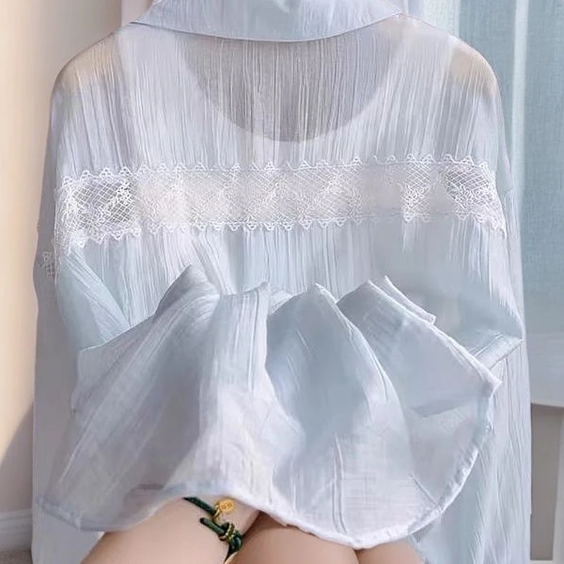 蓝色Polo领薄款防晒衬衫女2025夏季新款蕾丝拼接轻薄透气开衫衬衣