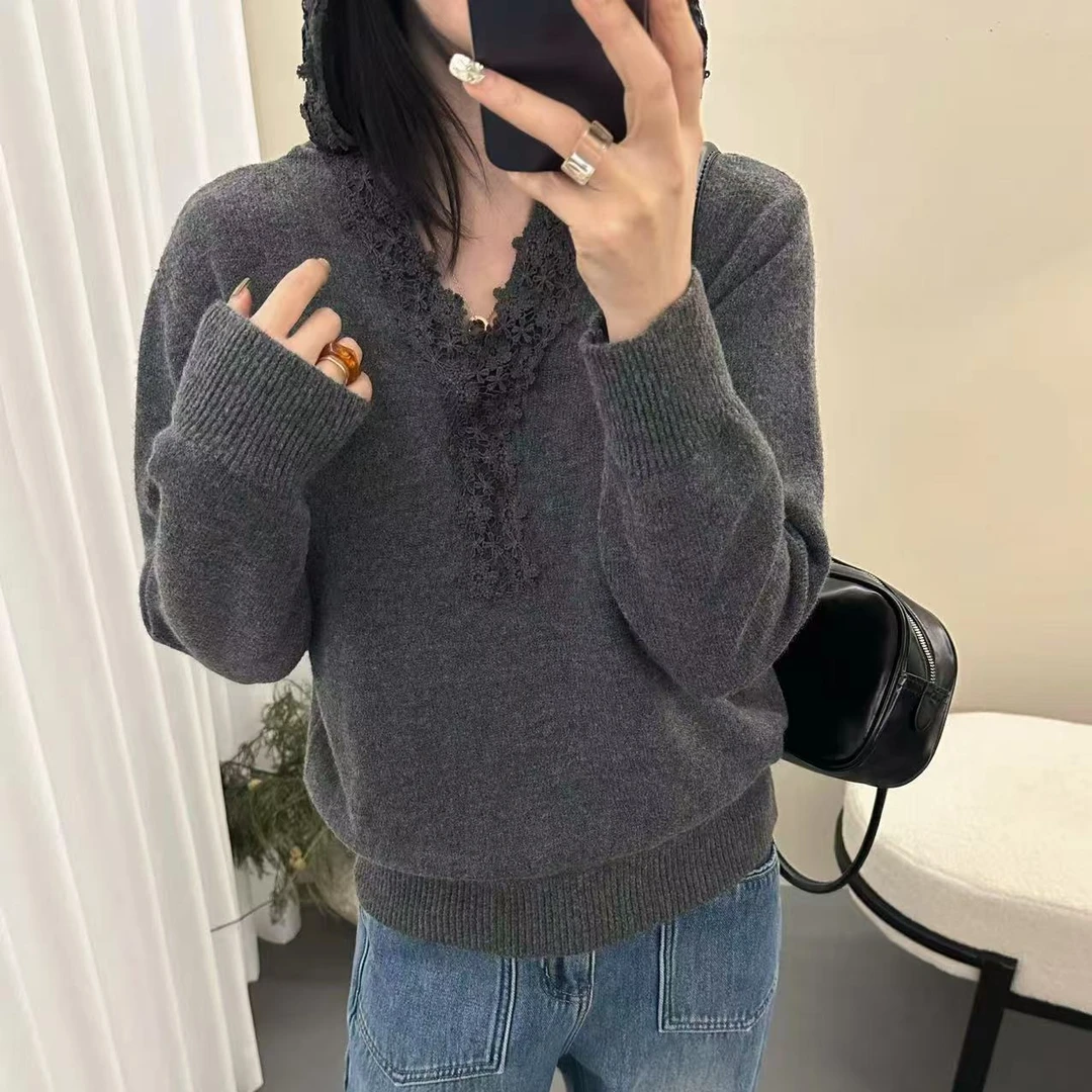 D001秋冬新款宽松显瘦蕾丝连帽针织上衣女