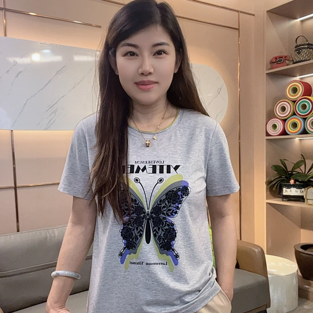 怡特美【蝴蝶】夏季时尚显瘦百搭凉感喷绘圆领减龄短袖t恤259865