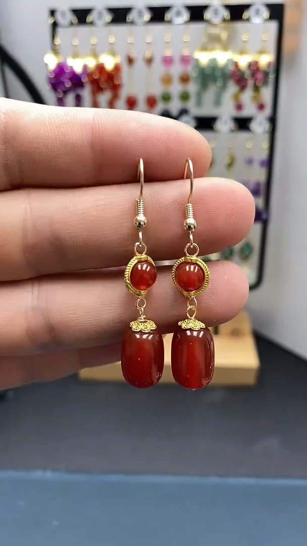 【闪购商品】南红玛瑙耳饰银S925镀金镶嵌桶珠00