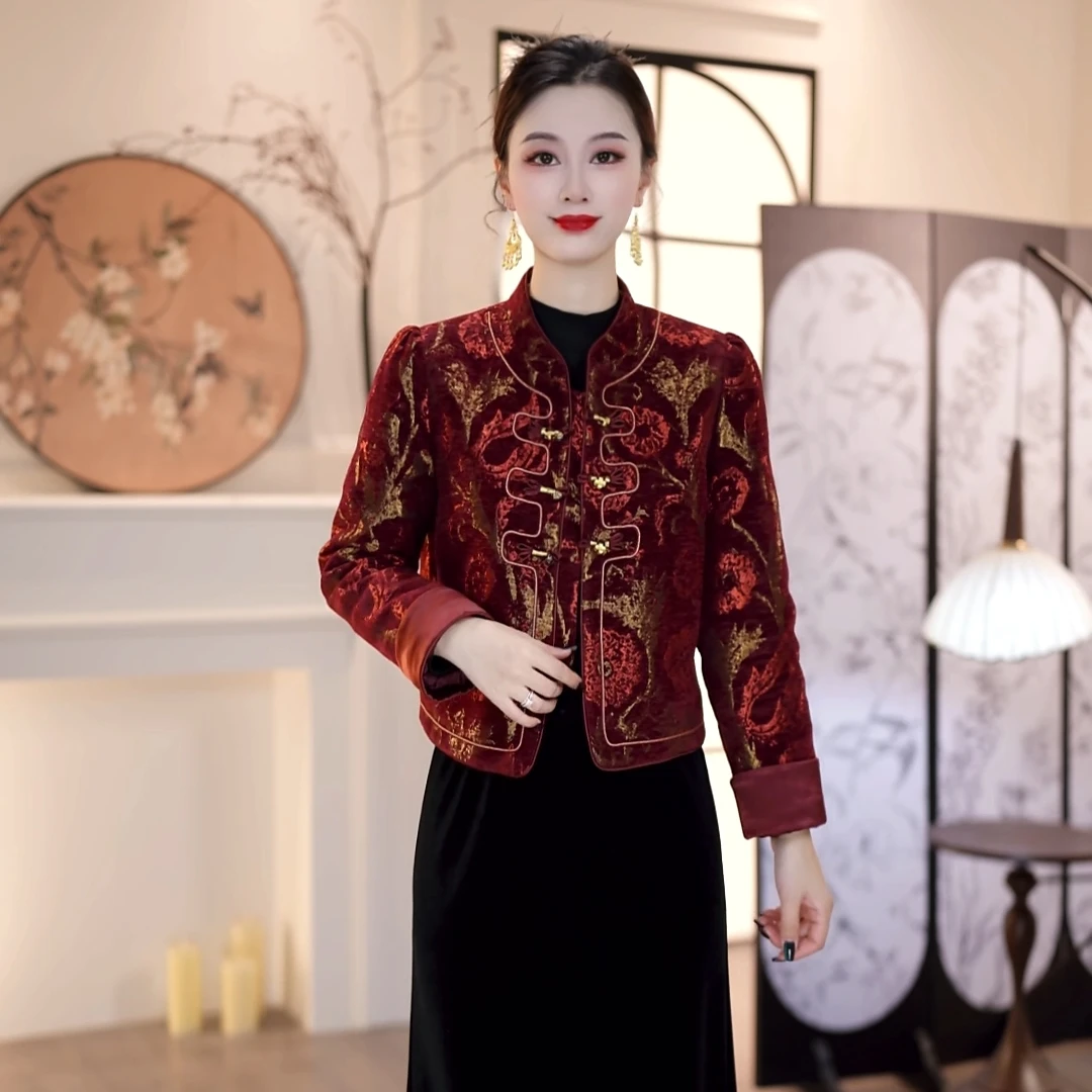 2025冬款复色提花中式盘扣立领夹棉外套 M-4XL